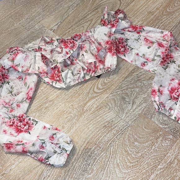 NWT Pink Floral Satin Puff Sleeve Bardot Crop Top - Picture 5 of 5